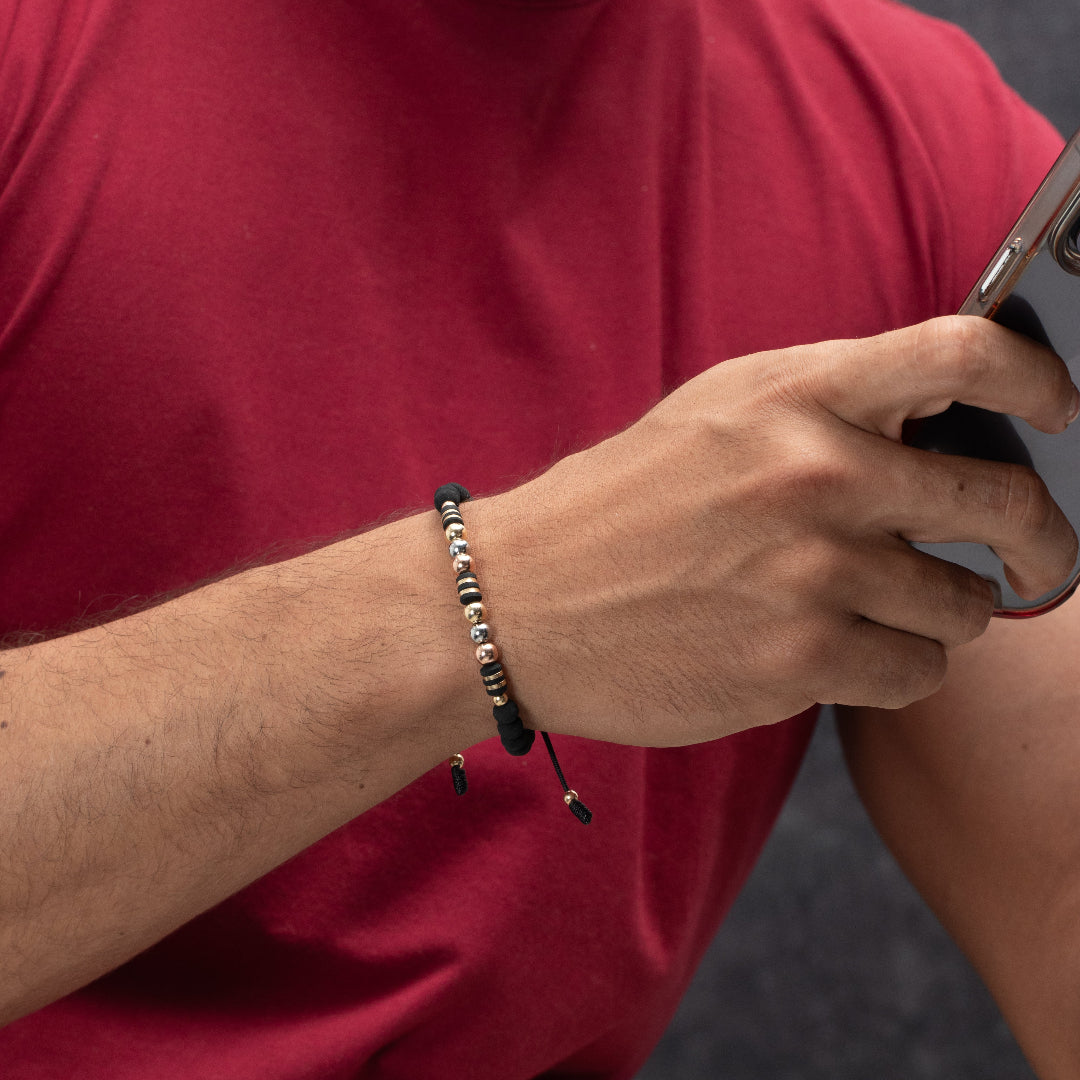 Pulsera oro laminado tres tonos barril cinta bola 6mm