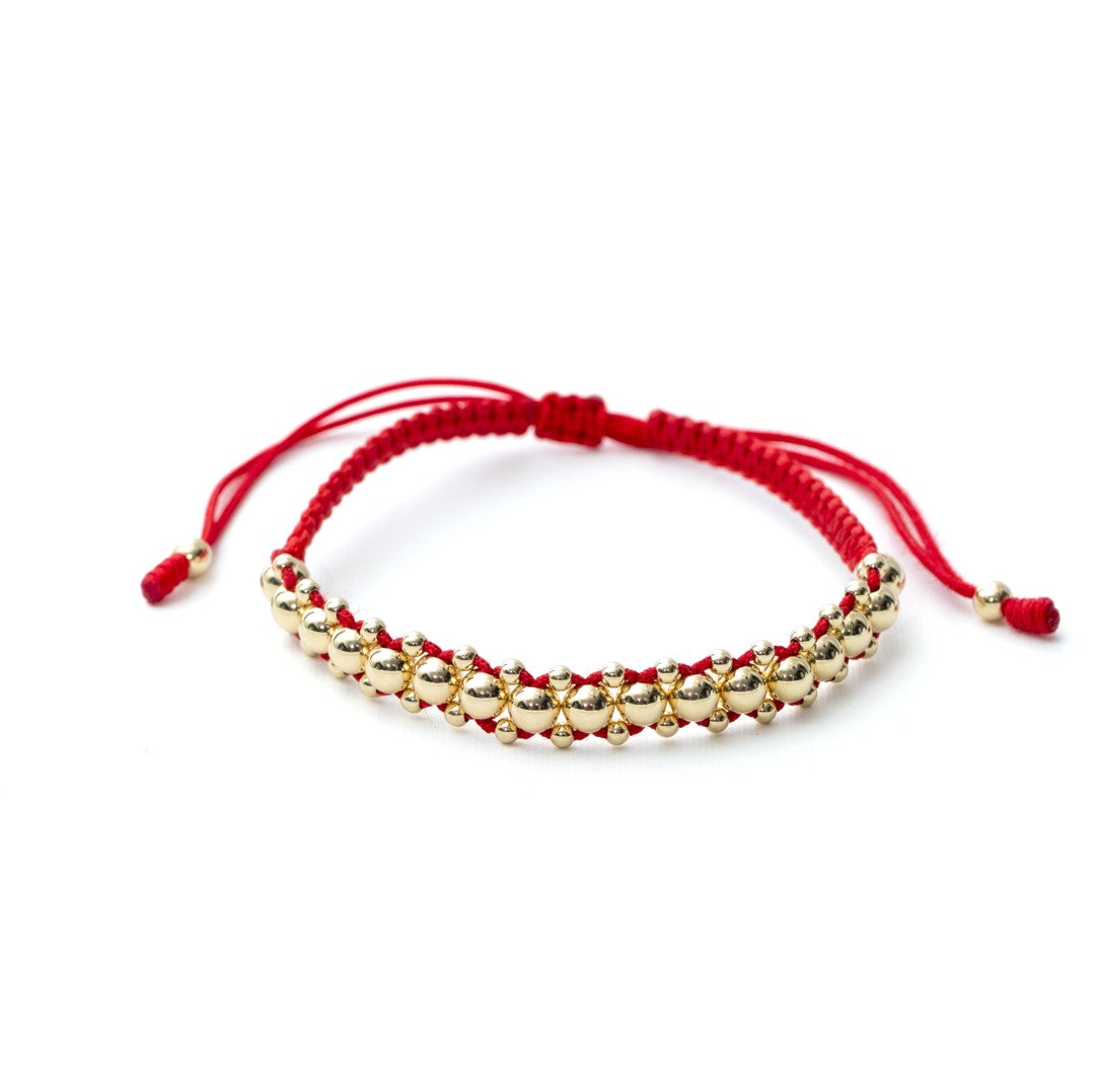 PULSERA ARTESANAL HOMBRE BOLA 5mm Hilo rojo  con bolas Doradas