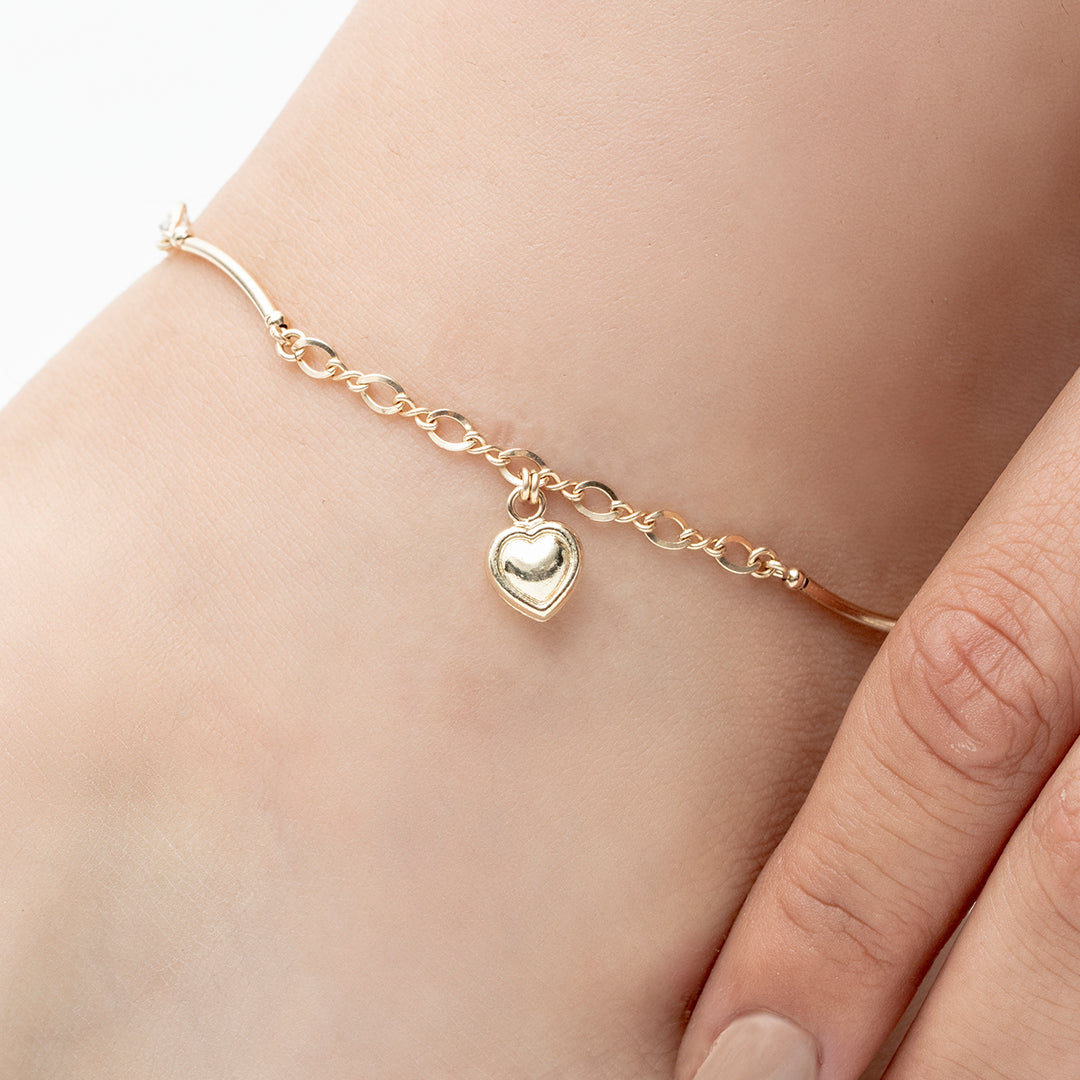 Tobillera Oro Laminado Canutillo Cadena 8sm Dije Corazón