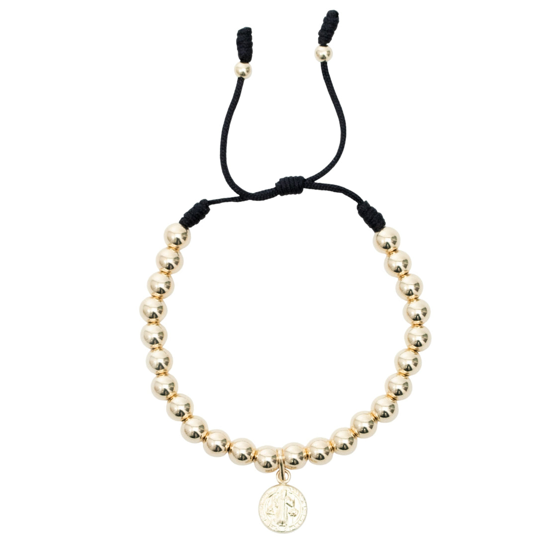 Pulsera para Protecion  San Benito 6mm Dorada 6mm dorada con tejido en color